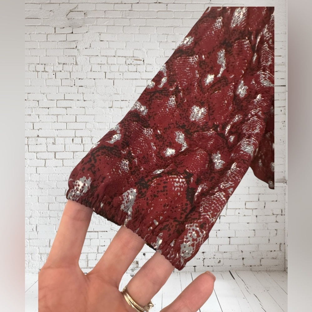 West Kei Snake Print Blouse NWOT | Small Burgundy Tie‑Front Sleek Statement Top - Picture 5 of 6